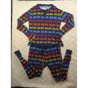 Aldi Gear Pajama Set Navy Blue Logo Print Henley Top and Jogger Pants Medium